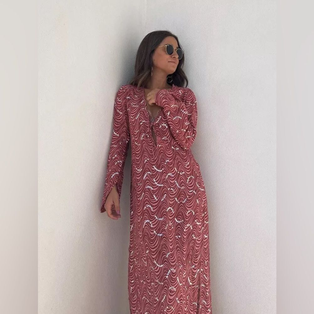 ZARA NWT WOMAN BEADED MIDI DRESS PINK - Picture 10 of 11